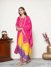 Fuscia pink embroidered suit with multicolour dupatta